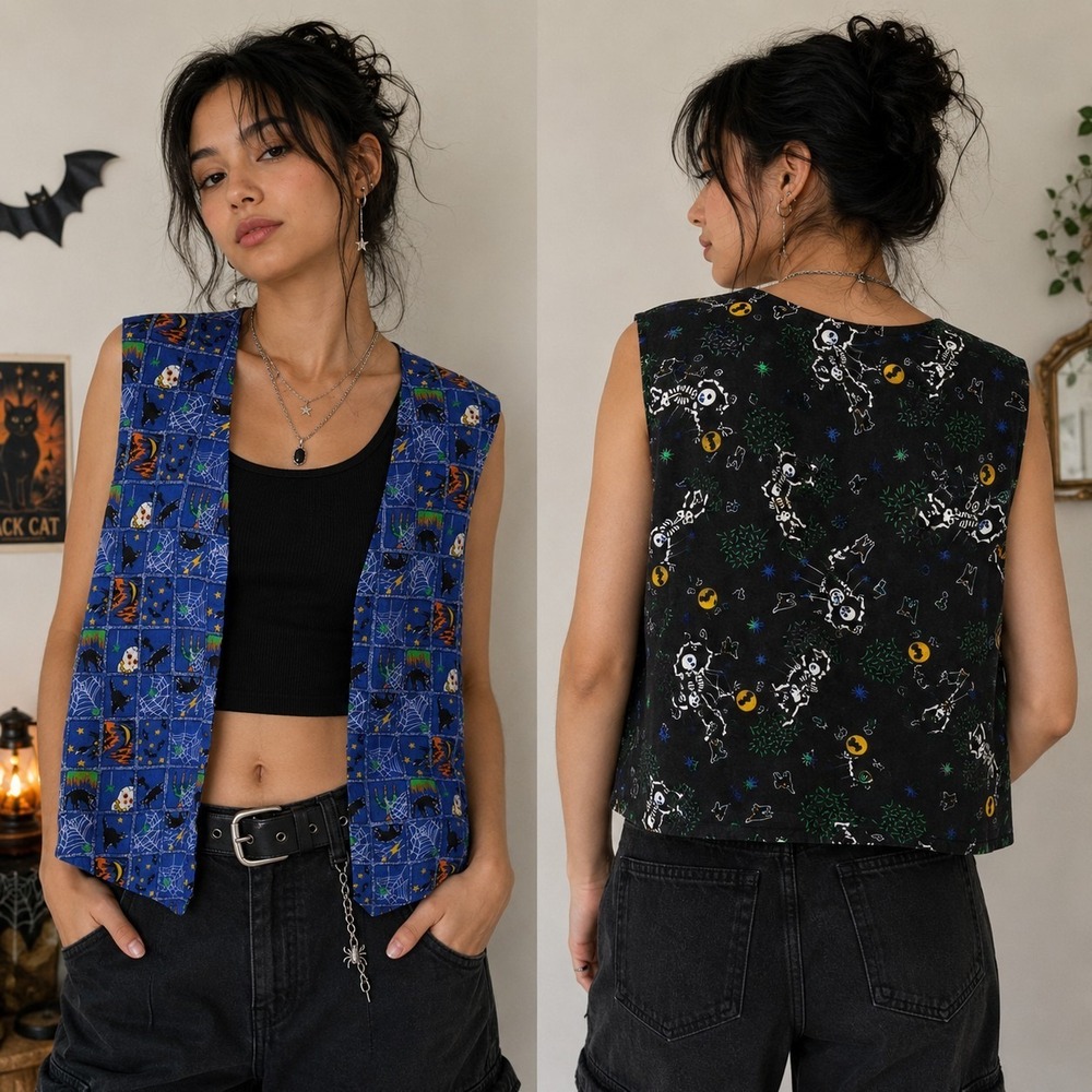 Handmade Reversible Halloween Vest Skeleton Spider Web Cat Print Size S/M Cotton
